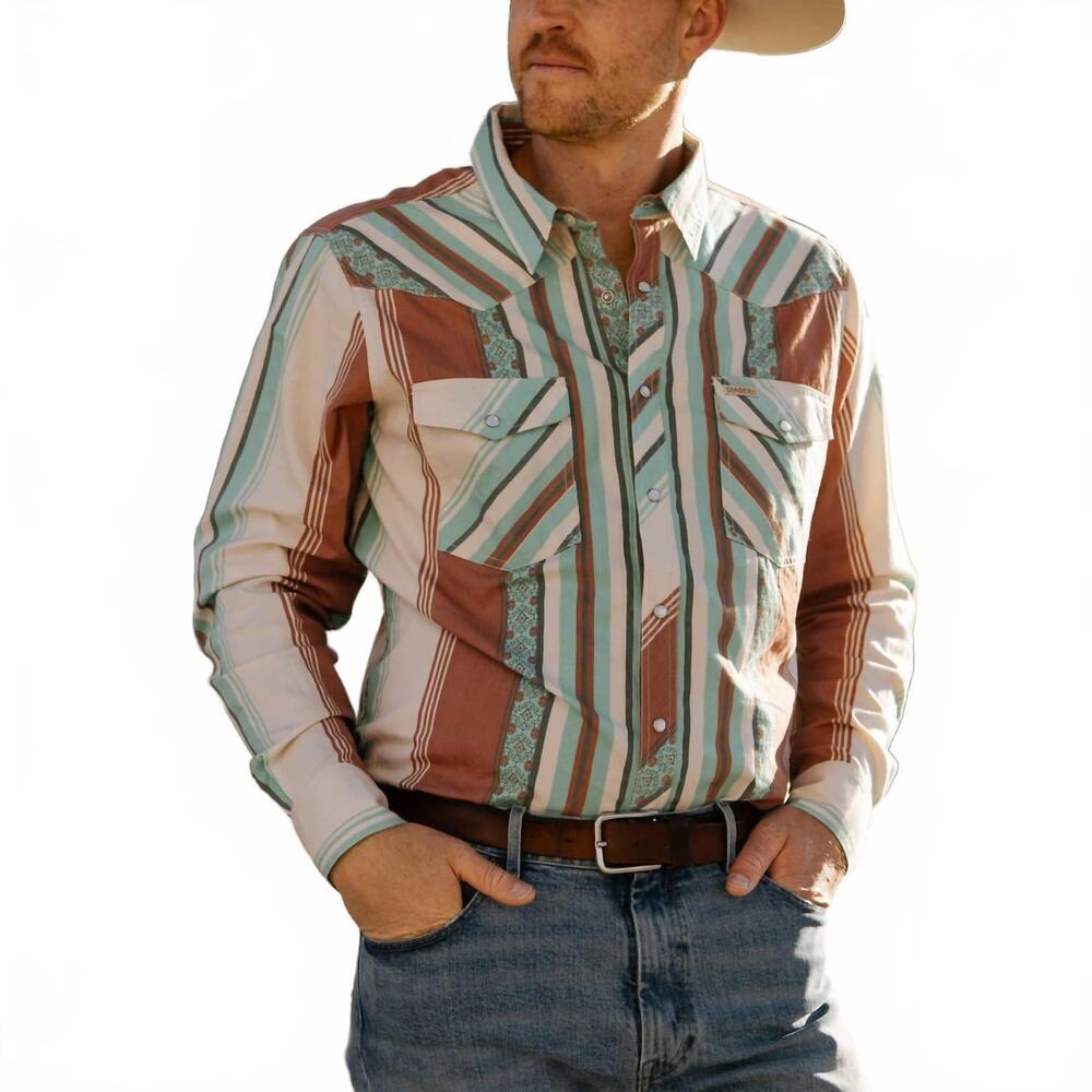 NEW SENDERO PROVISIONS CO. serape pearl snap long sleeve shirt in retro stripe